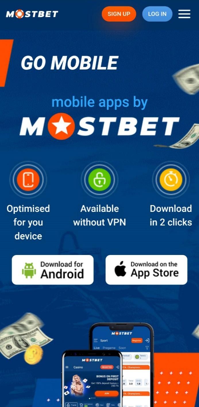 Main page for downloading the Android application from Mostbet