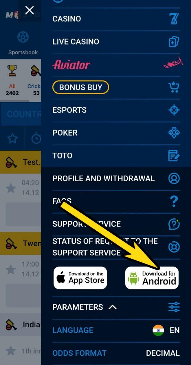 Button to download the application on Android from Mostbet