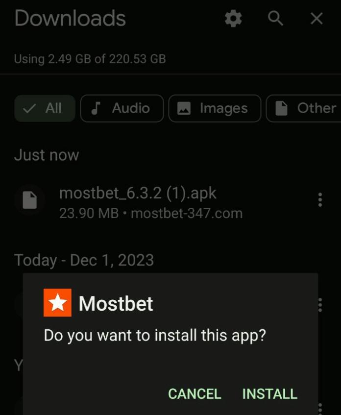 Pop-up window confirming the installation of the application from Mostbet